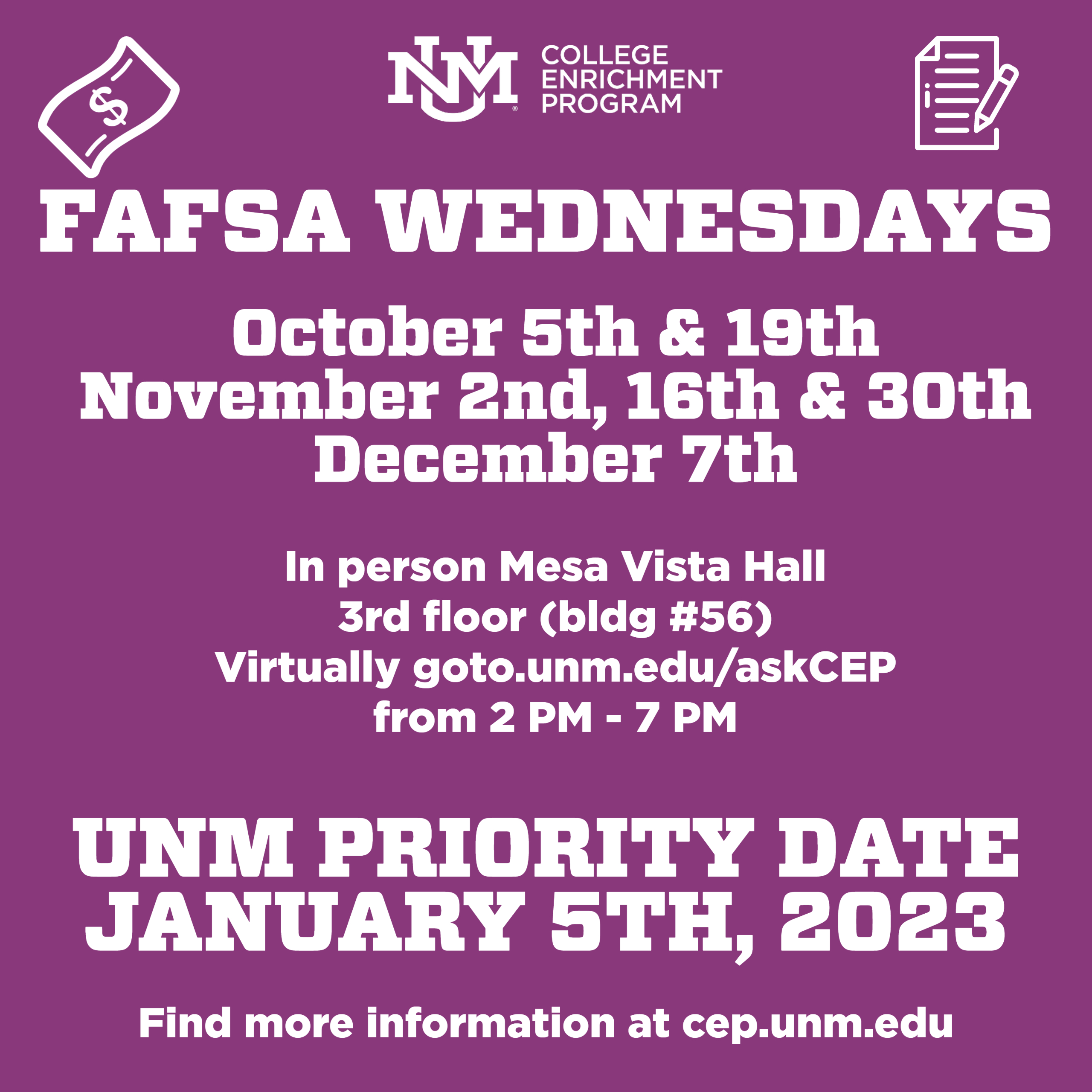 fafsa-wednesdays flyer. Happening every wednesday starting October 5th
